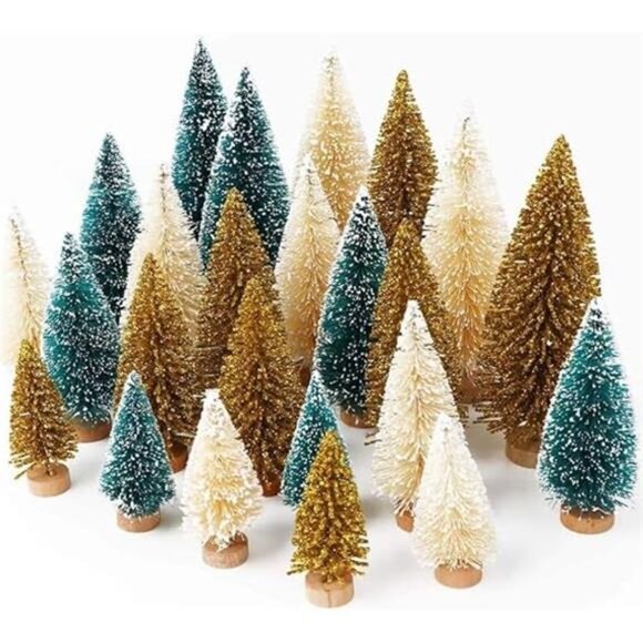 24Pcs Mini Christmas Trees Bottle Brush Trees with Wood Base, Christmas Village - Picture 1 of 7